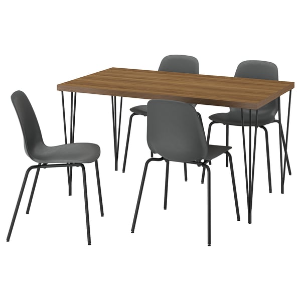 SKÅLSTA Table et 4 chaises, motif noyer épingle à cheveux noir-gris/plastique noir tubulaire métal/noir-gris, 140x80 cm