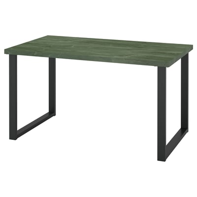Table SKÅLSTA, plateau vert, pieds en acier noir, forme rectangulaire, design moderne.