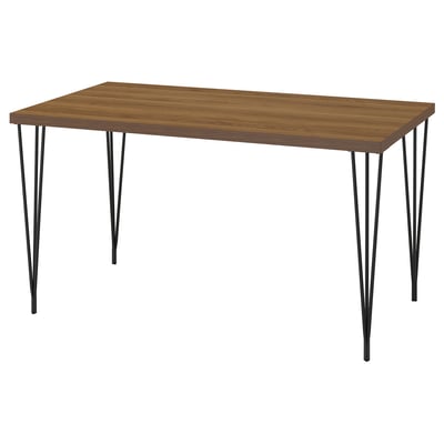 Table SKÅLSTA, plateau en bois, pieds en métal noir, forme rectangulaire, design moderne.