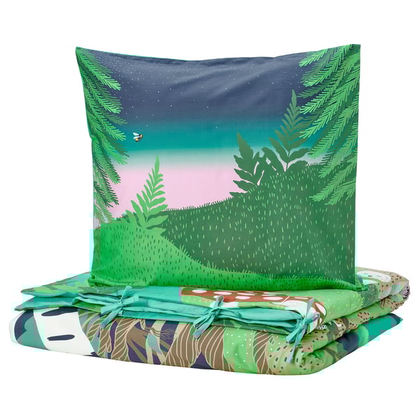 Housse de couette renard vert SKOGSDUVA, renard blanc, écharpe verte, hamac souris, maison champignon, tissu coton/viscose doux et durable.