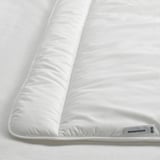 Couette blanche avec un motif doux et matelassé, des bords soigneusement rangés et l’étiquette de la marque ikea SKOGSFRÄKEN visible.