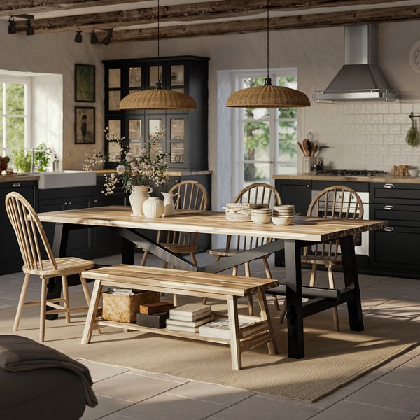 SKOGSTA / SKOGSTA Table+4 chaises+banc, acacia/noir/acacia acacia, 235x100 cm