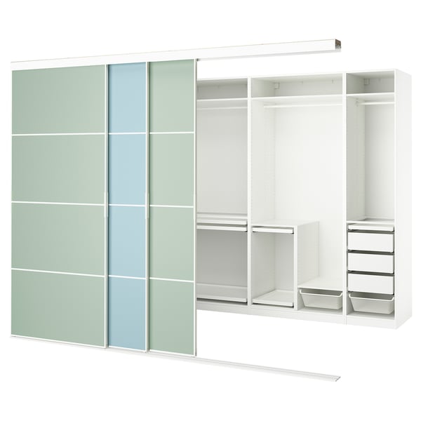 Armoire Ikea SKYTTA : placard coulissant personnalisable blanc avec portes en verre vert clair et bleu, intérieur en métal et bois, garantie 10 ans.