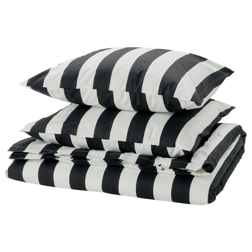 SLÅNHÖSTMAL parure de lit : rayé noir et blanc ; mélange coton-viscose ; couette et oreillers ; Forme rectangulaire aux lignes épurées.