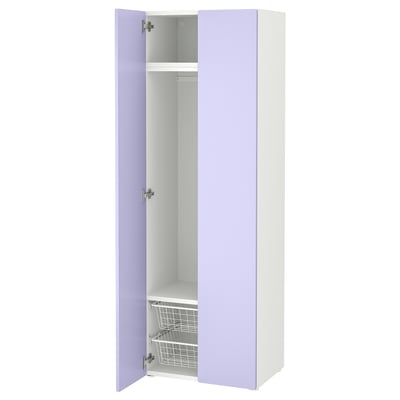 Armoire SMÅSTAD, blanc et lavande, hautes, minces, portes à fermeture douce, étagères en fil de fer.