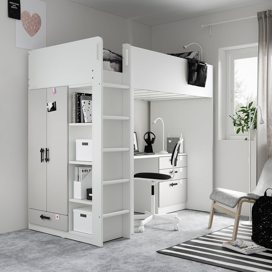 Lit mezzanine IKEA SMÅSTAD, blanc blanc/avec bureau avec 2 tablettes