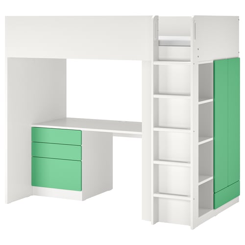 Smastad Lit Mezzanine Blanc Vert Avec Bureau Avec 4 Tiroirs Ikea