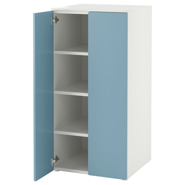 Armoire de rangement SMÅSTAD, bleu clair et blanc, 3 étagères, portes ouvertes.