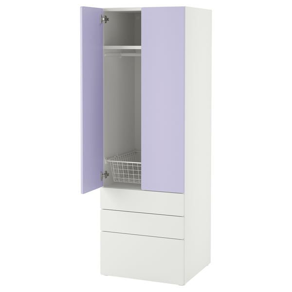 Une armoire SMÅSTAD blanche et lavande avec des tiroirs. Il a un design moderne, des portes à fermeture douce et des étagères réglables à l’intérieur.