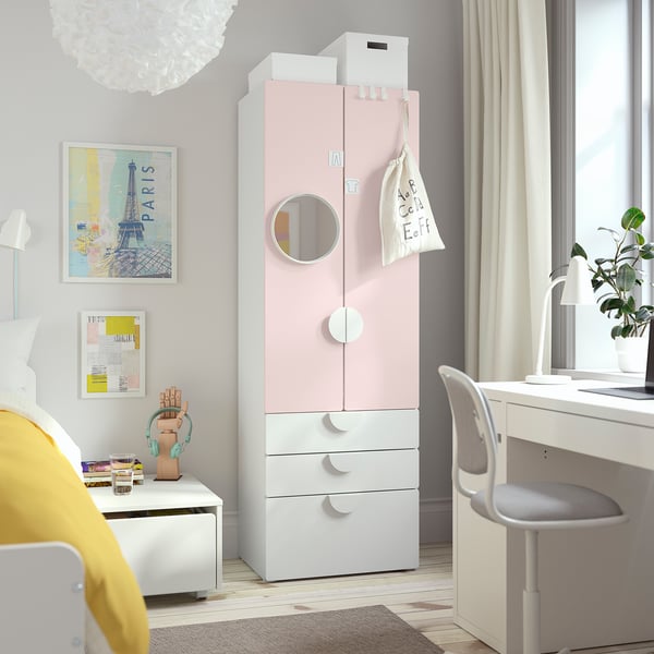 SMÅSTAD / PLATSA Armoire-penderie, blanc rose pâle/avec 4 tiroirs,  60x57x181 cm - IKEA