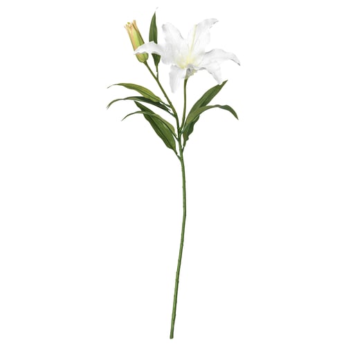 Fleur de lys artificiel blanche avec tige et feuilles vertes.