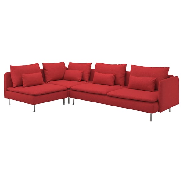 Canapé sectionnel rouge en forme de L avec plusieurs coussins, doté d’un design moderne et élégant, parfait pour s’asseoir confortablement.