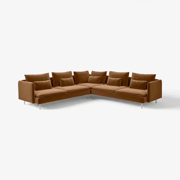 Canapé d’angle marron SÖDERHAMN, design minimaliste élégant, sièges profonds avec coussins lâches, surélevé sur des pieds fins.