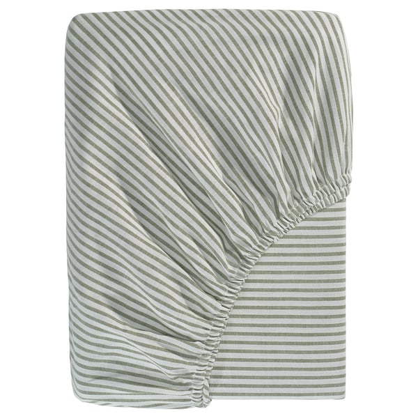 SOLFIBBLA drap-housse à rayures vert-blanc, 100 % coton, rectangle, motif à rayures diagonales.