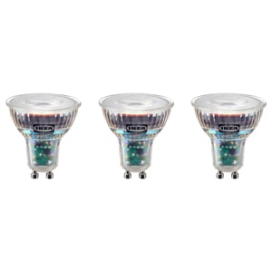 Trois ampoules LED ikea SOLHETTA, blanc chaud, cylindriques avec un design nervuré, en plastique durable et en verre.