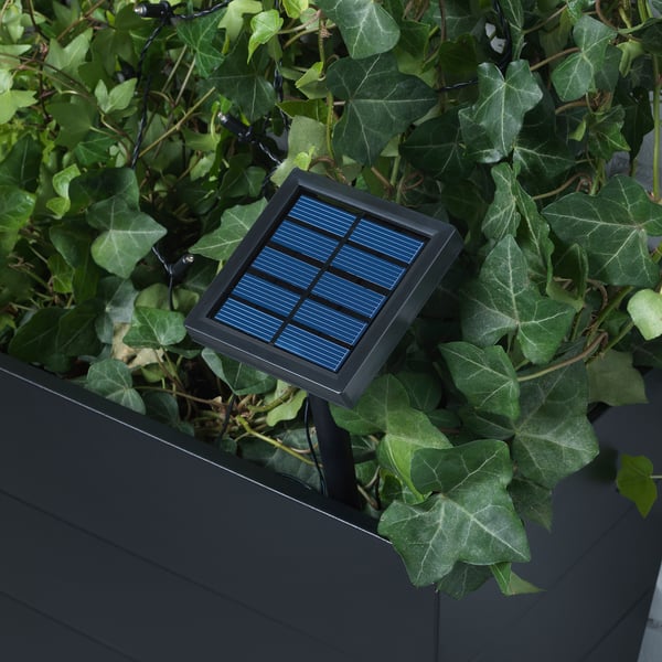 Panneau lumineux à énergie solaire parmi le feuillage vert dans une jardinière grise.