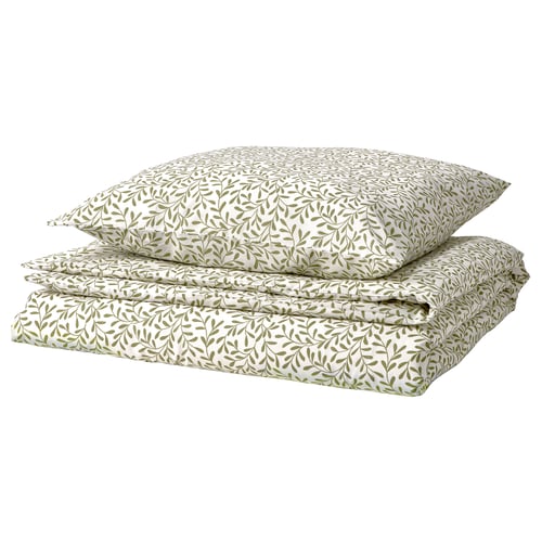 Parure de lit pliée à motifs de feuilles vertes avec couette et taies d’oreiller, polyester et coton recyclés écologiques.