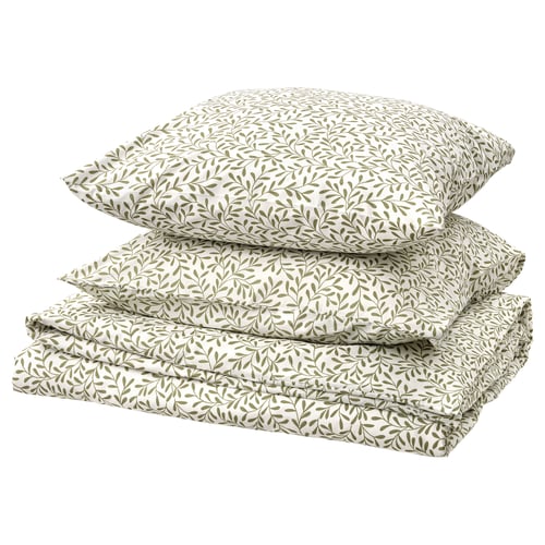 Parure de lit écologique : motif feuille verte, polyester et coton recyclés, fermeture enveloppe.