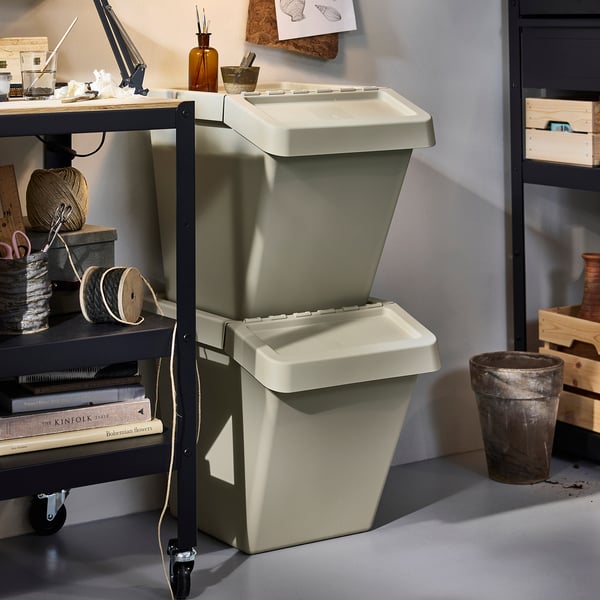 SORTERA Poubelle de tri avec couvercle, beige, 60 l