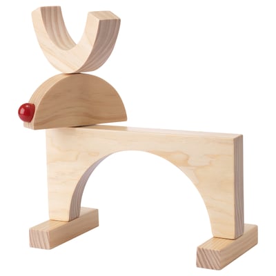 Ornement de renne en bois STRÅLA, finition naturelle, nez rouge.