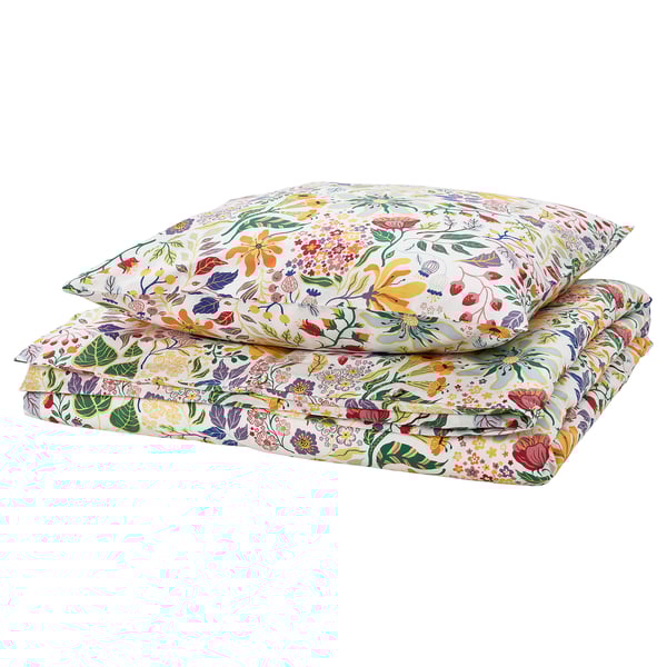 Ensemble de couette floral STRANDLUMMER en rouge, jaune, bleu, vert. Coton doux, 1 housse, 2 taies d’oreiller.