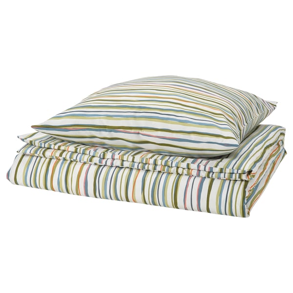 Parure de lit SUMPGRÖE, multi-rayures, base blanche, mélange polyester-viscose, forme rectangulaire, motif à rayures irrégulières.