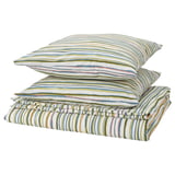 Parure de lit SUMPGRÖE, polyester et viscose recyclés, rayures rayées blanches et pastel, oreillers rectangulaires et drap plié.