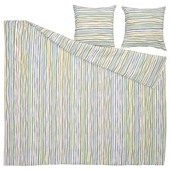 Parure de lit SUMPGRÖE : motif rayé multicolore, mélange polyester-viscose, 1 couette, 2 oreillers.