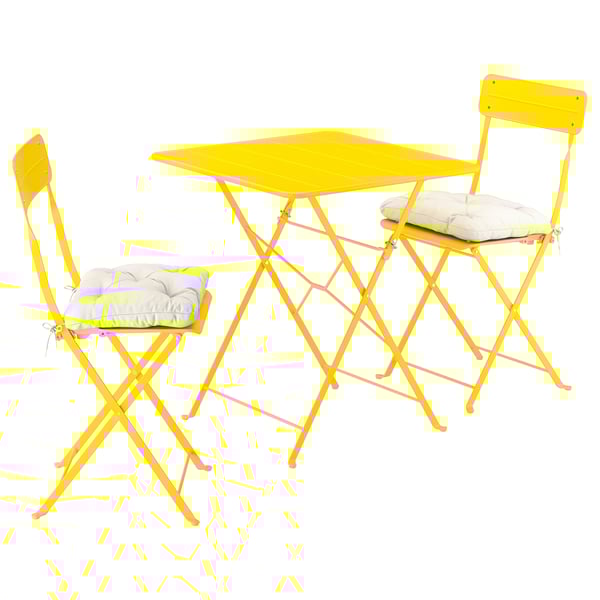 Ensemble de patio pliable jaune vif avec table et deux chaises, avec coussins blancs, idéal pour les petits espaces.