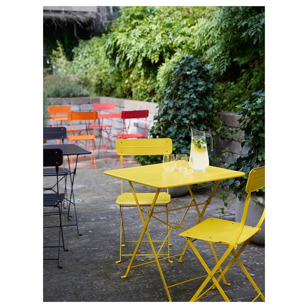 SUNDSÖ Table+ 2 chaises pliantes, extérieur jaune vif/jaune vif, 65x65 cm