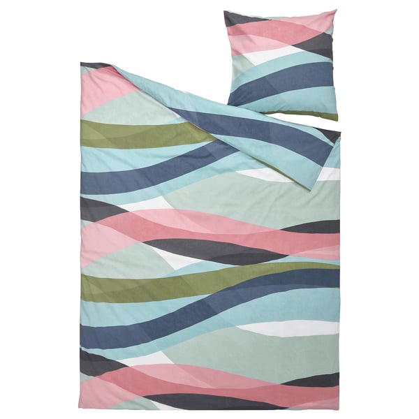 Ensemble de couette SVALSTJÄRTAR en vagues bleues, roses, vertes vagues, mélange doux de coton et de viscose, motif de vagues moderne.