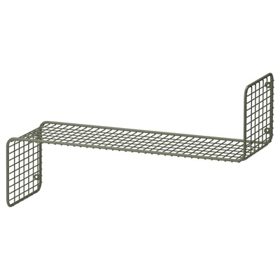 Une étagère murale en fil de métal gris, SVENSHULT, avec un motif de grille et des bords inclinés.
