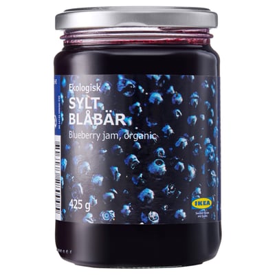 Pot de confiture de myrtilles bio SYLT BLÅBÄR, 425g, avec des myrtilles sur étiquette noire.