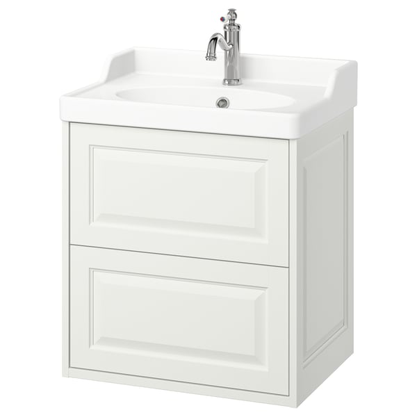 Un meuble-lavabo TÄNNFORSEN blanc avec deux tiroirs et un évier en céramique, présentant un design classique avec des bords biseautés et un robinet chromé.