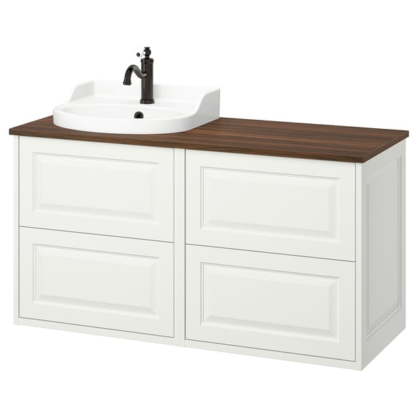 Vanité TÄNNFORSEN blanche, dessus en bois, évier en céramique, mural, deux tiroirs, robinet noir.