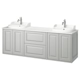 Vanité double vasque blanche, meubles gris clair.