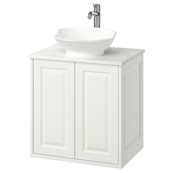 Meuble-lavabo TÄNNFORSEN blanc, évier rond en céramique, robinet chromé, bords d’armoire biseautés.
