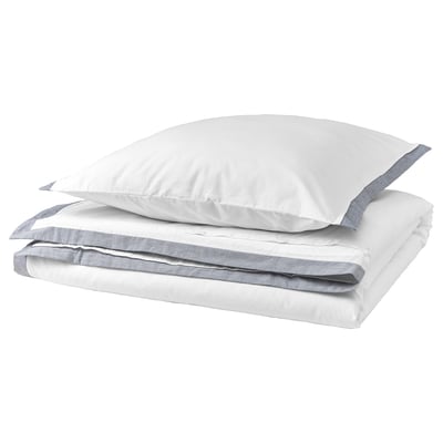 Parure de couette TÅTELSMYGARE, blanche avec bordure grise, en coton biologique.