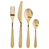 Set de couverts dorés : fourchette, couteau, grande cuillère, petite cuillère. Finition élégante et brillante en laiton, design moderne.