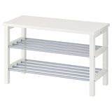 Un porte-chaussures TJUSIG blanc à trois niveaux pour organiser les chaussures, en bois et en métal.