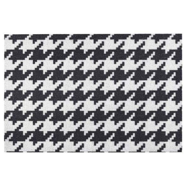 Tapis TOMTRÄTT : motif géométrique noir/blanc, rectangulaire, polyester, support en caoutchouc.