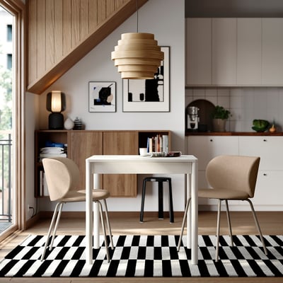 Salle à manger moderne avec table blanche TONSTAD et chaises beiges sur tapis noir et blanc, accents en bois, rangement sous l’escalier et lampe suspendue.