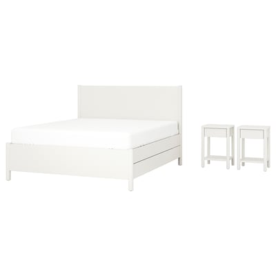 Cadre de lit et tables de chevet blanc cassé, design épuré, bois robuste, 4 tiroirs.