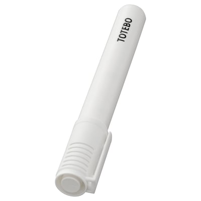 Stylo craie TOTEBO blanc pour tableaux noirs, verre, métal. Design élégant avec nom de marque et poignée ergonomique.