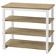 Un TRÄKUMLA, un meuble de rangement polyvalent, à cadre blanc, à trois niveaux, avec des étagères en bois clair, idéal pour les petits espaces.