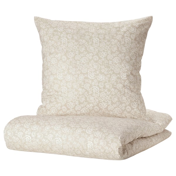 Parure de lit TRINDSTARR, beige avec motif floral blanc, mélange coton/rayonne, présentoir douillet en forme de vase.