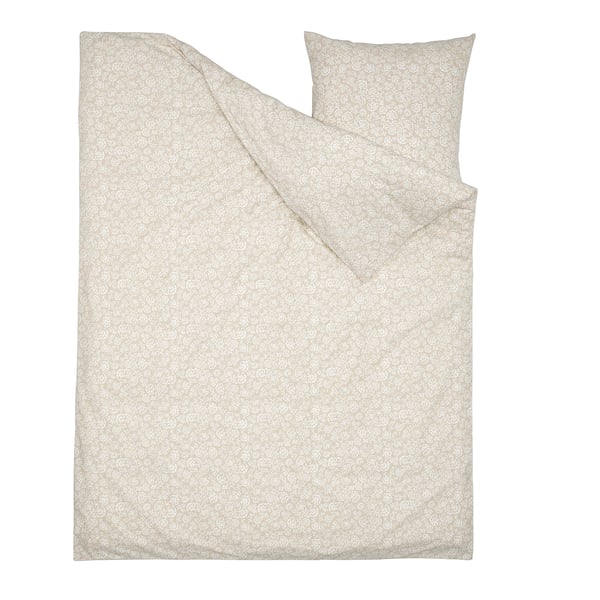 Ensemble couette et oreiller fleuri beige et blanc, coton/viscose, rectangulaire.