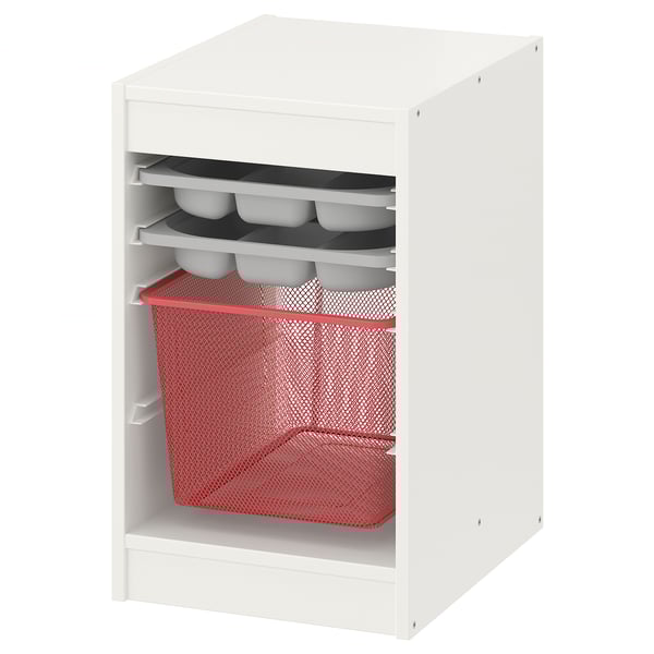 Une unité de stockage TROFAST blanche avec des bacs rouges en maille et des plateaux gris.