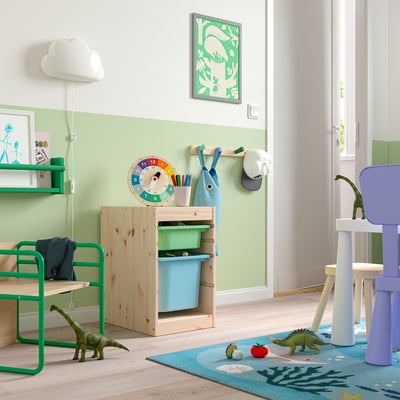 TROFAST Combinaison structure + bacs, pin teinté blanc clair vert clair/bleu clair, 32x44x52 cm