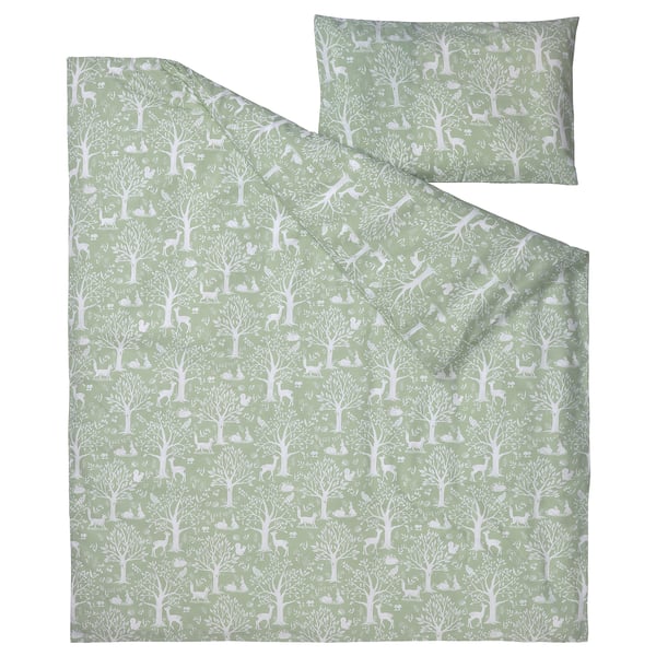 Trolldom Housse Couette 1 Taie Pour Lit Bebe Motif Animaux De La Foret Vert 110x125 35x55 Cm Ikea